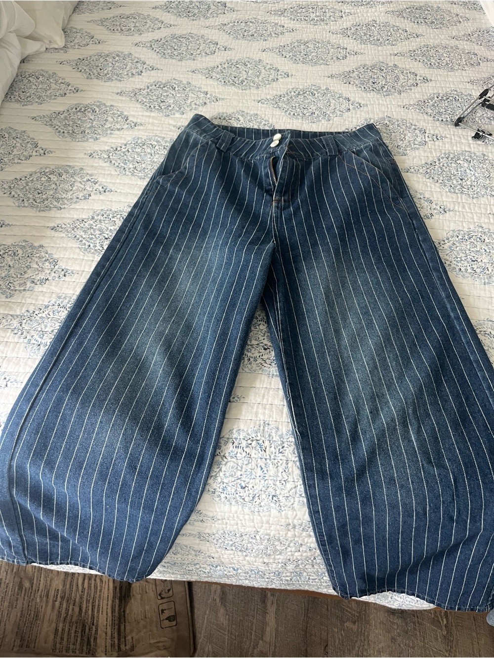 Wide Leg Pinstripe Denim Pants - Blue